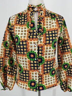 Vintage 70s Lee Mar Ultressa Floral Balloon Sleeve Secretary Blouse M/L